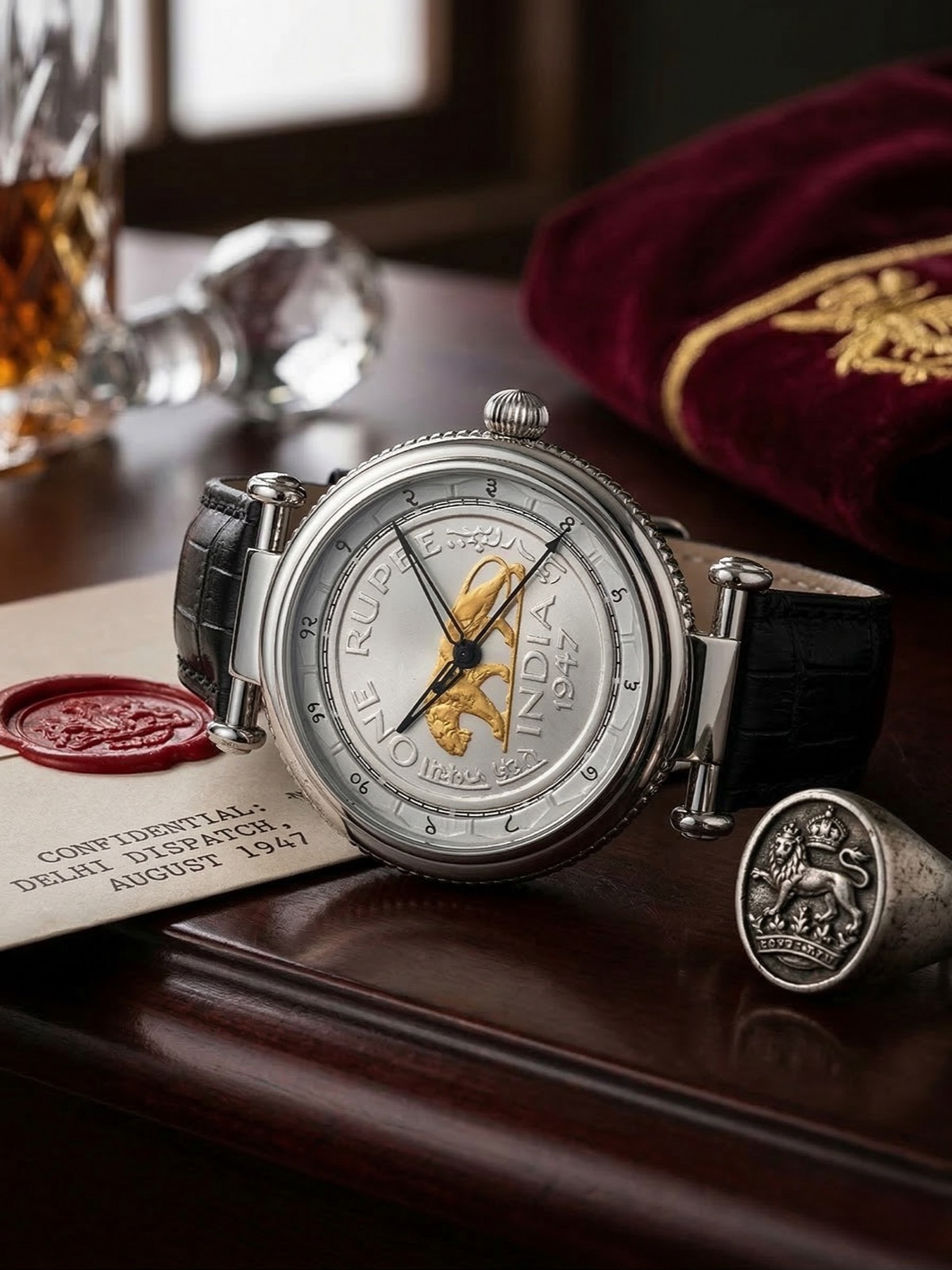 Devanagari Baagh Steel watch on a desk beside a wax seal