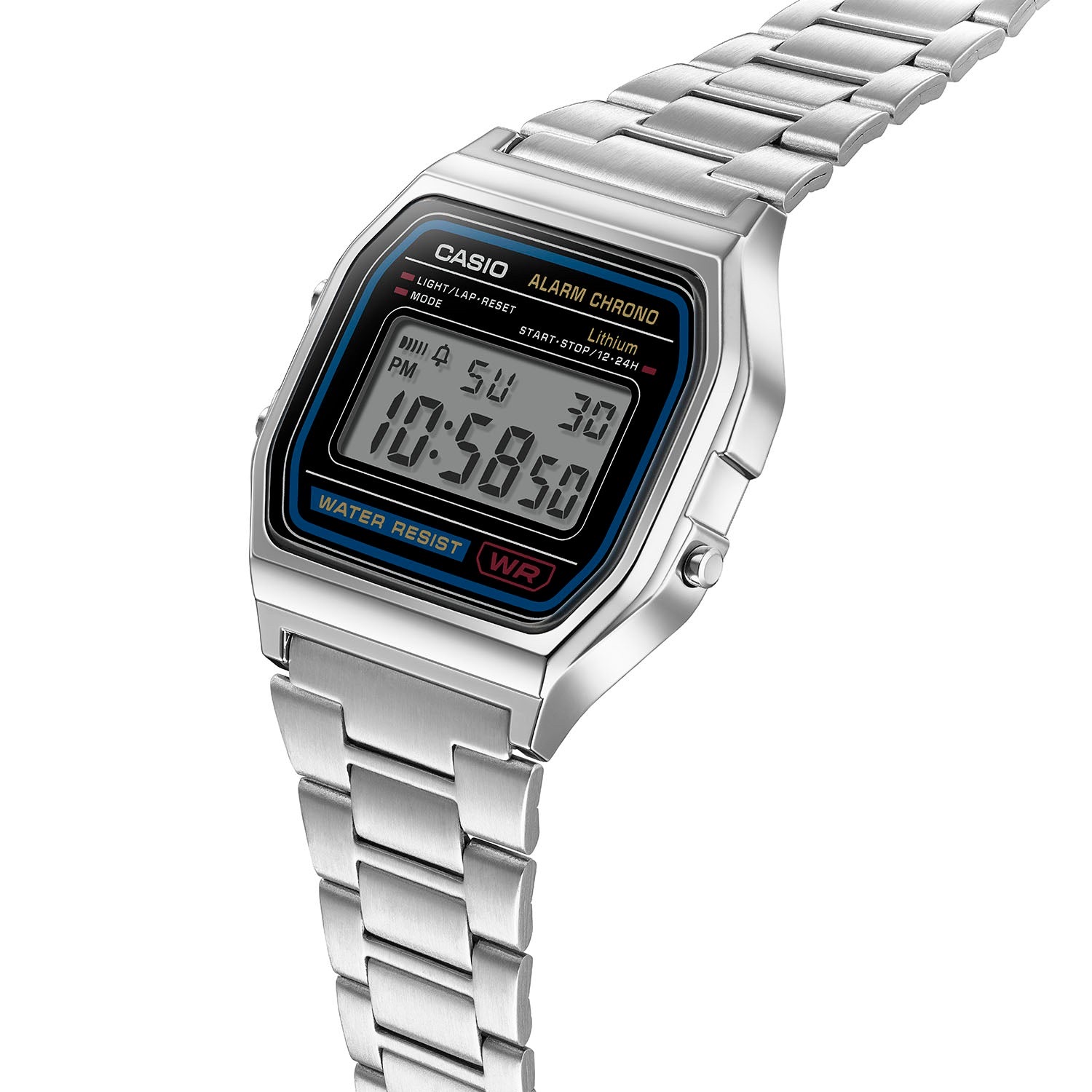 Casio A158WA-1 steel digital watch, angled studio view