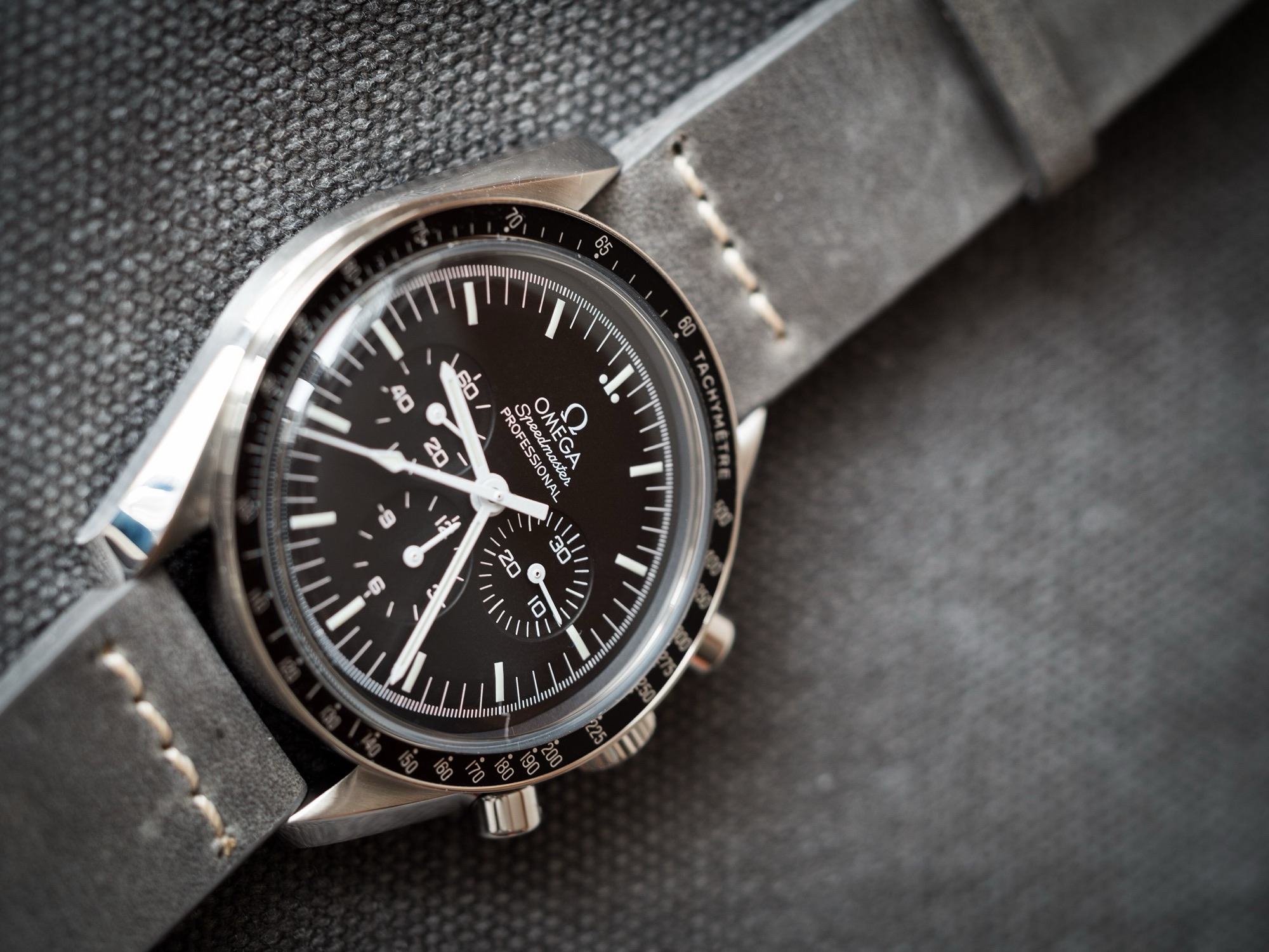 Omega Speedmaster Professional on a grey leather strap
